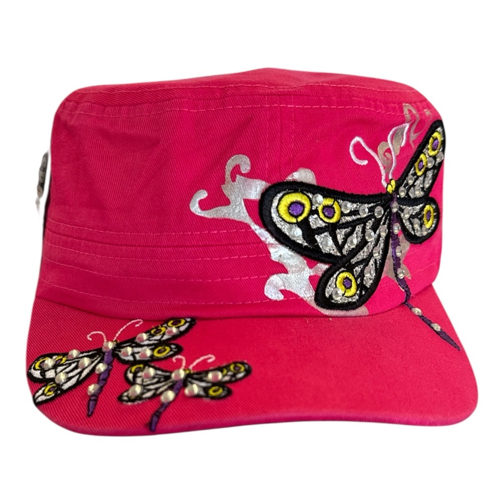 Y2K Pink Rhinestone Deagonfly Cadet Cap Distressed